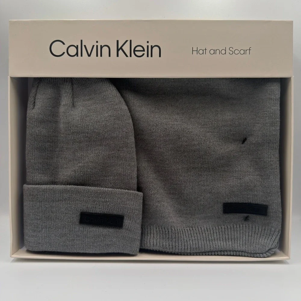 Calvin Klein Mens Hat and Scarf Set Gray Knit Beanie Scarf Boxed NEW SEALED